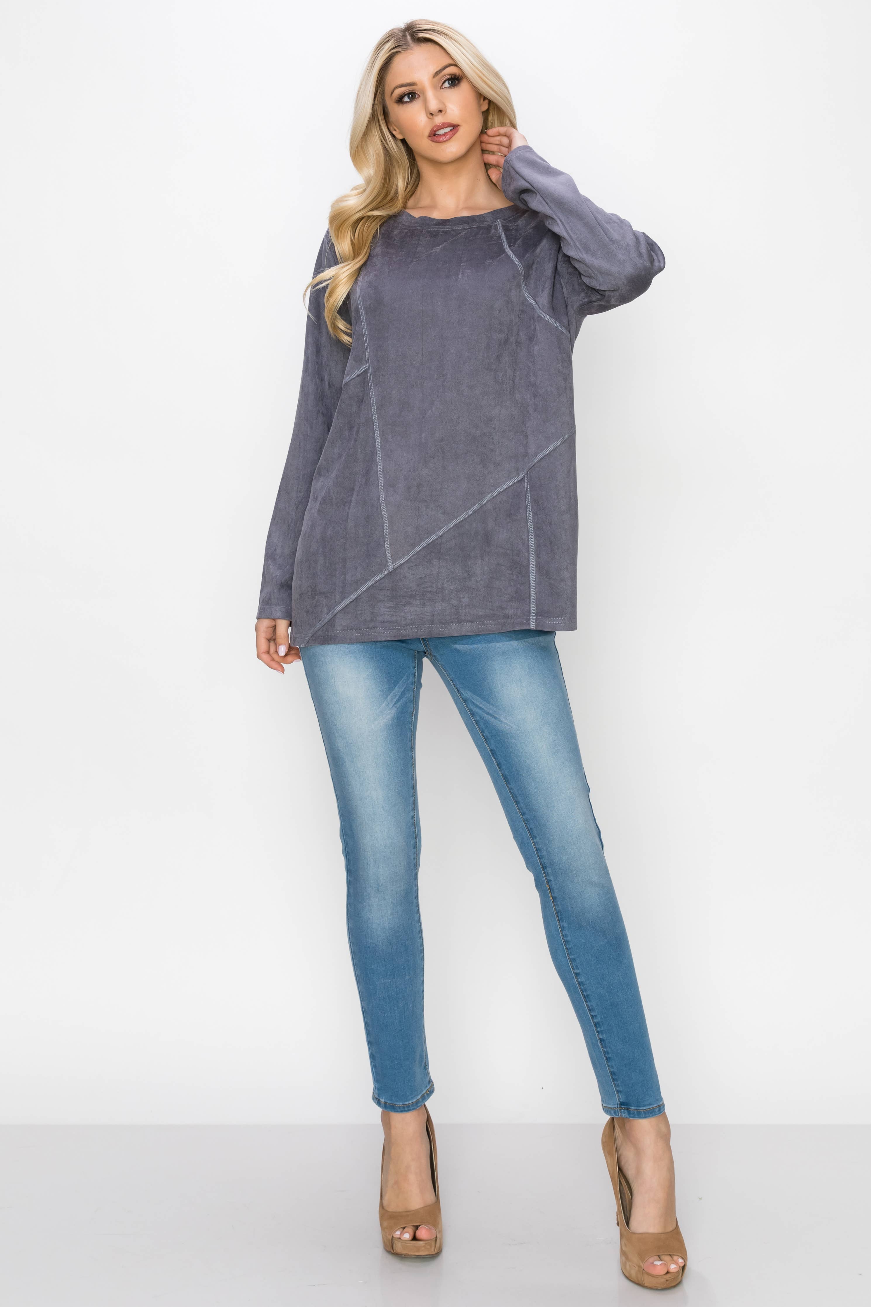 Joh Apparel - Wholesale Blouse - Women's - Aldis Stretch Suede Stitched Top4