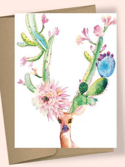 CACTUS DEER WATERCOLOR GREETING CARD for wholesale by Studio Masha D'yans