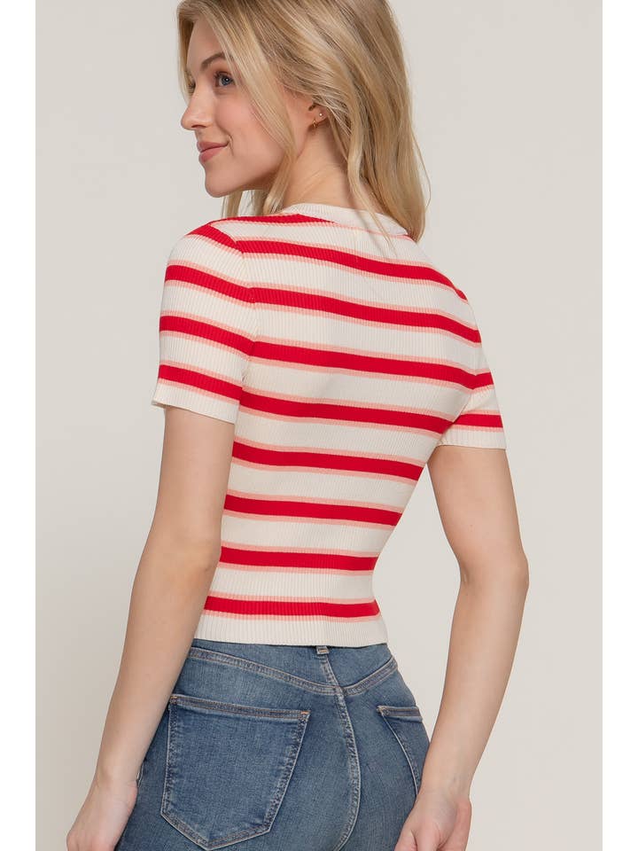 Active Basic | Active USA - Wholesale Knit Top - Women's - Short Sleeve Crew Neck Multi Stripe Spring Sweater13