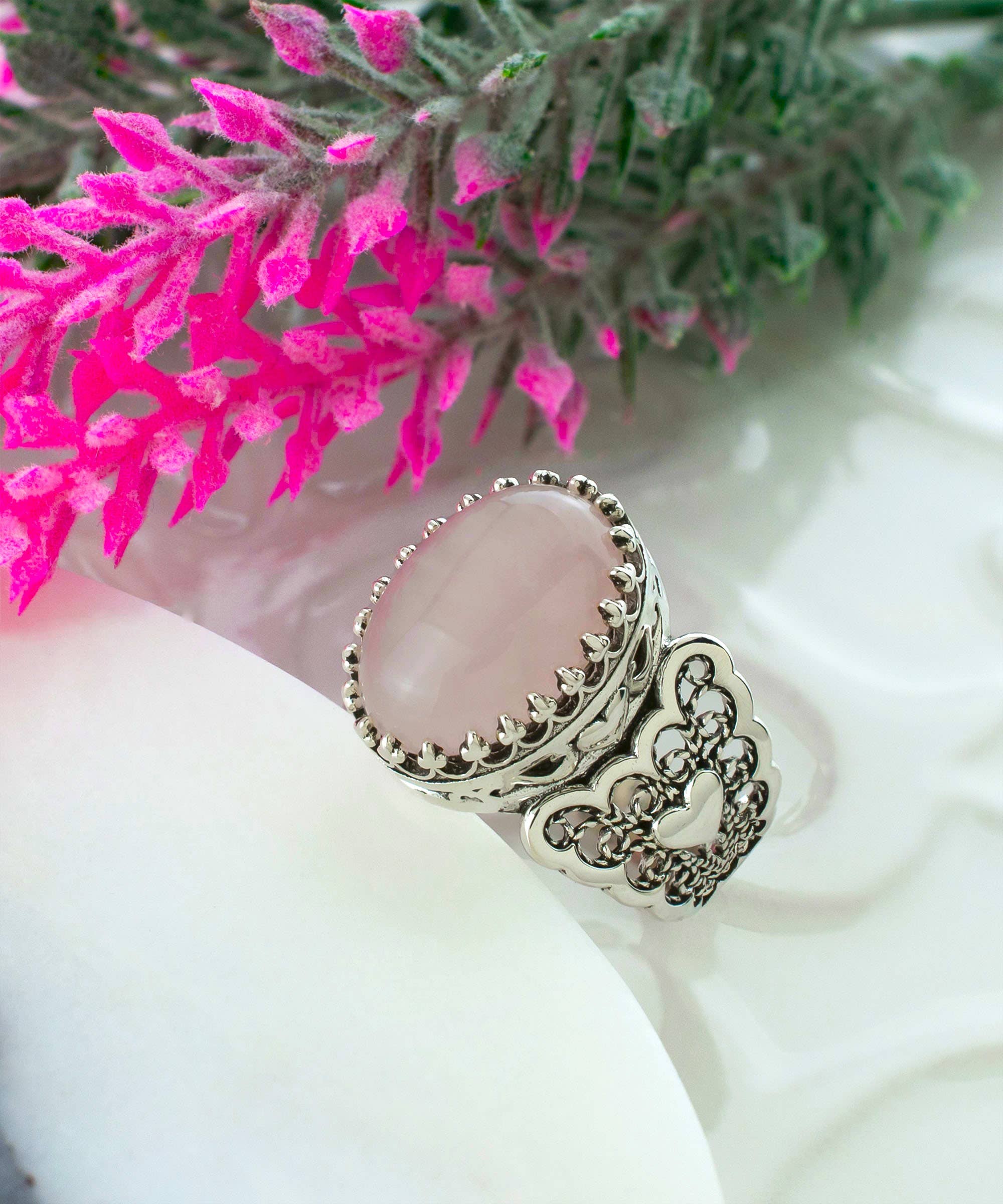Filigranist Jewelry - Venta al por mayor Anillos grandes/de cóctel - Anillo de plata para mujer con doble corazón de cuarzo rosa.7