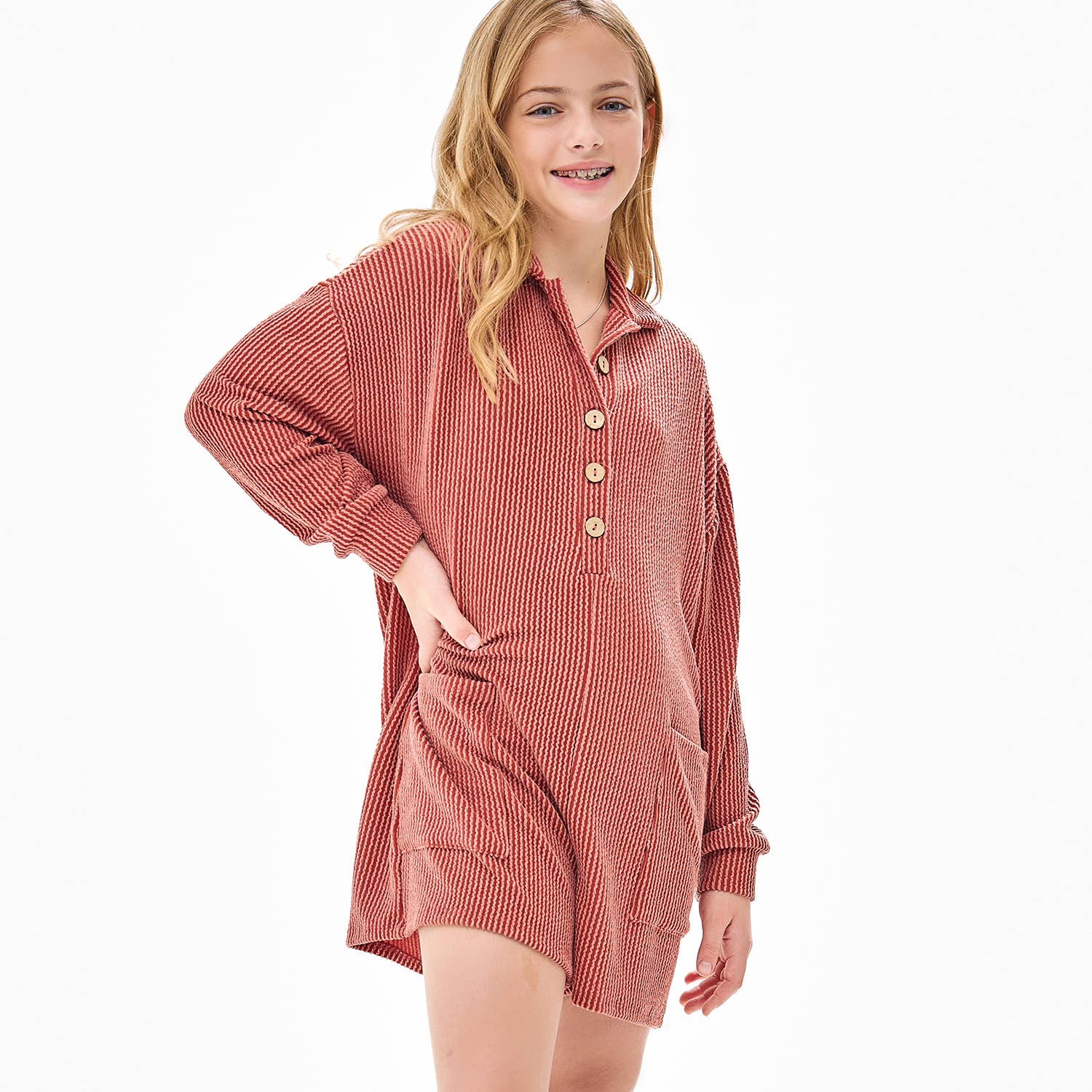 Good Girl - Wholesale Romper - Kids - Embossed Rib Collared Button Up Romper7
