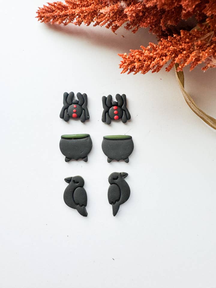 Witchy Stud Pack (Spider, Cauldron, Raven) for wholesale by Mountain Made Clay - Handmade Polymer Clay Earrings