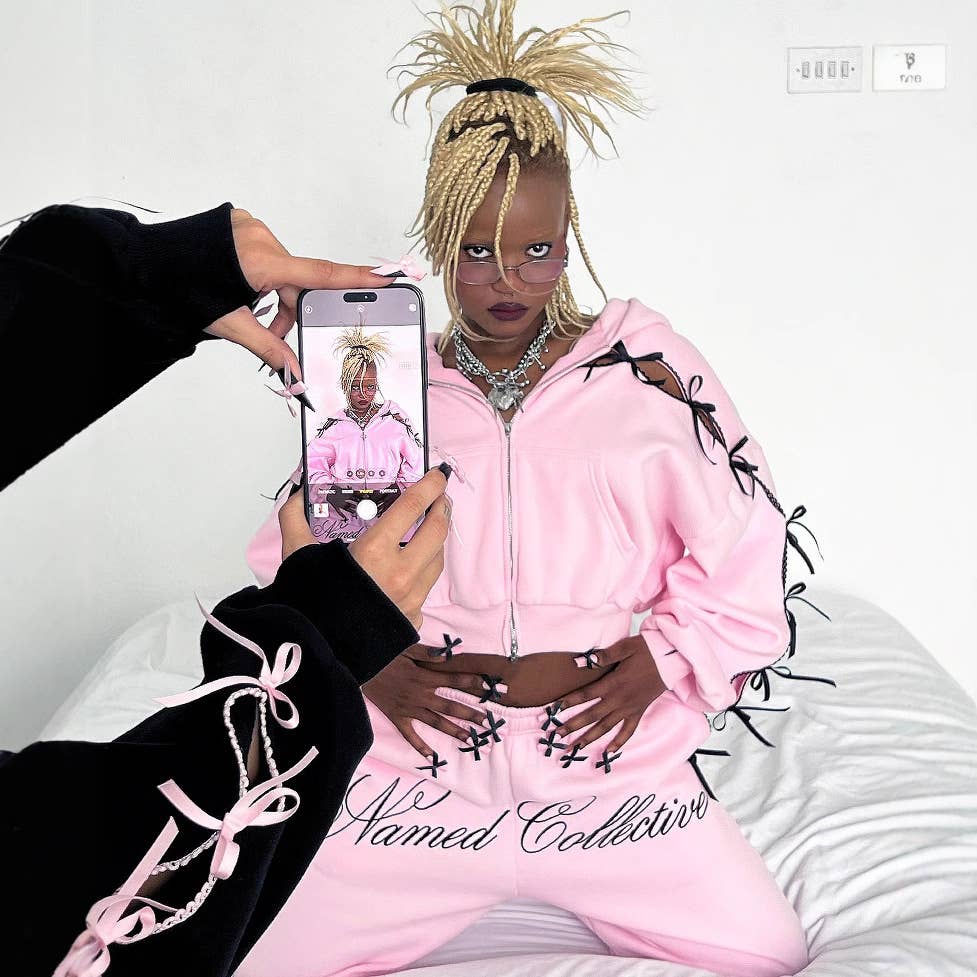 Tourtiwi - Wholesale Lounge Sweatpants/Joggers - Women's - Solid color bow velvet casual hollow sweatshirt sports pants16