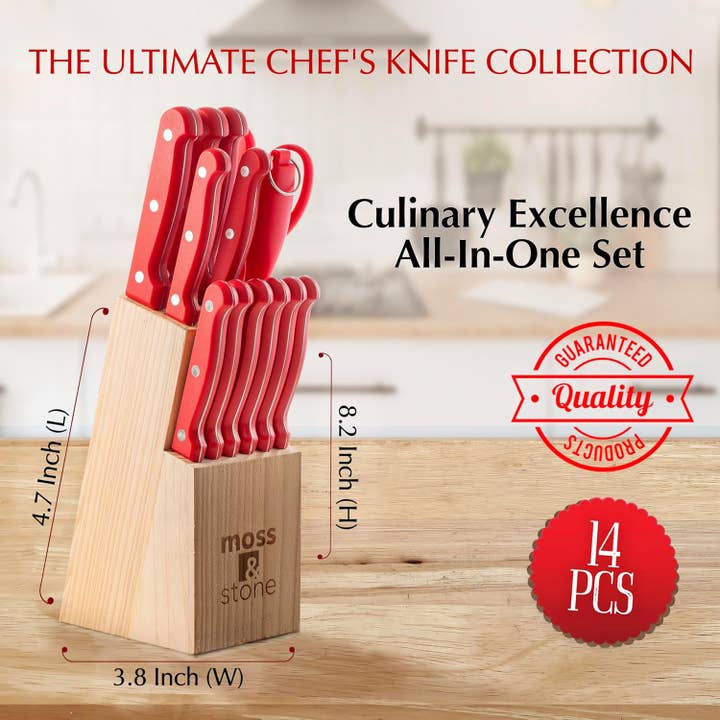 Moss & Stone - Wholesale Knife Set - 14-piece Red Knife Block Set, Stainless Steel Knife Set Premium Kitchen knives Set With High-Carbon Stainless Steel Blades, And Wooden Block Set Cutlery Knife Set, Kitchen Knife Set7