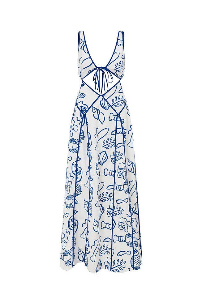 White Marine Organism Pattern Backless Plunge Maxi Dress for wholesale on Faire11