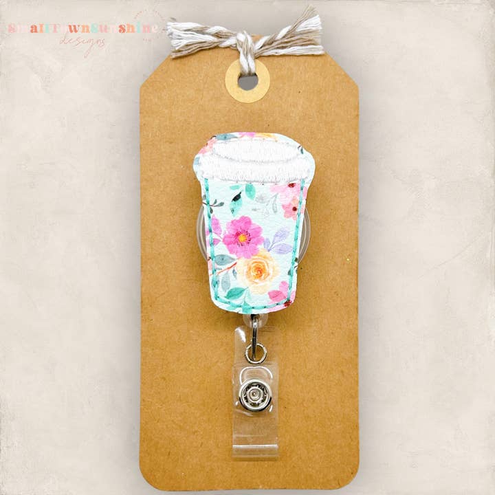 Pastel Floral Coffee Cup Badge Reel for wholesale by The SmallTownSunshine Company