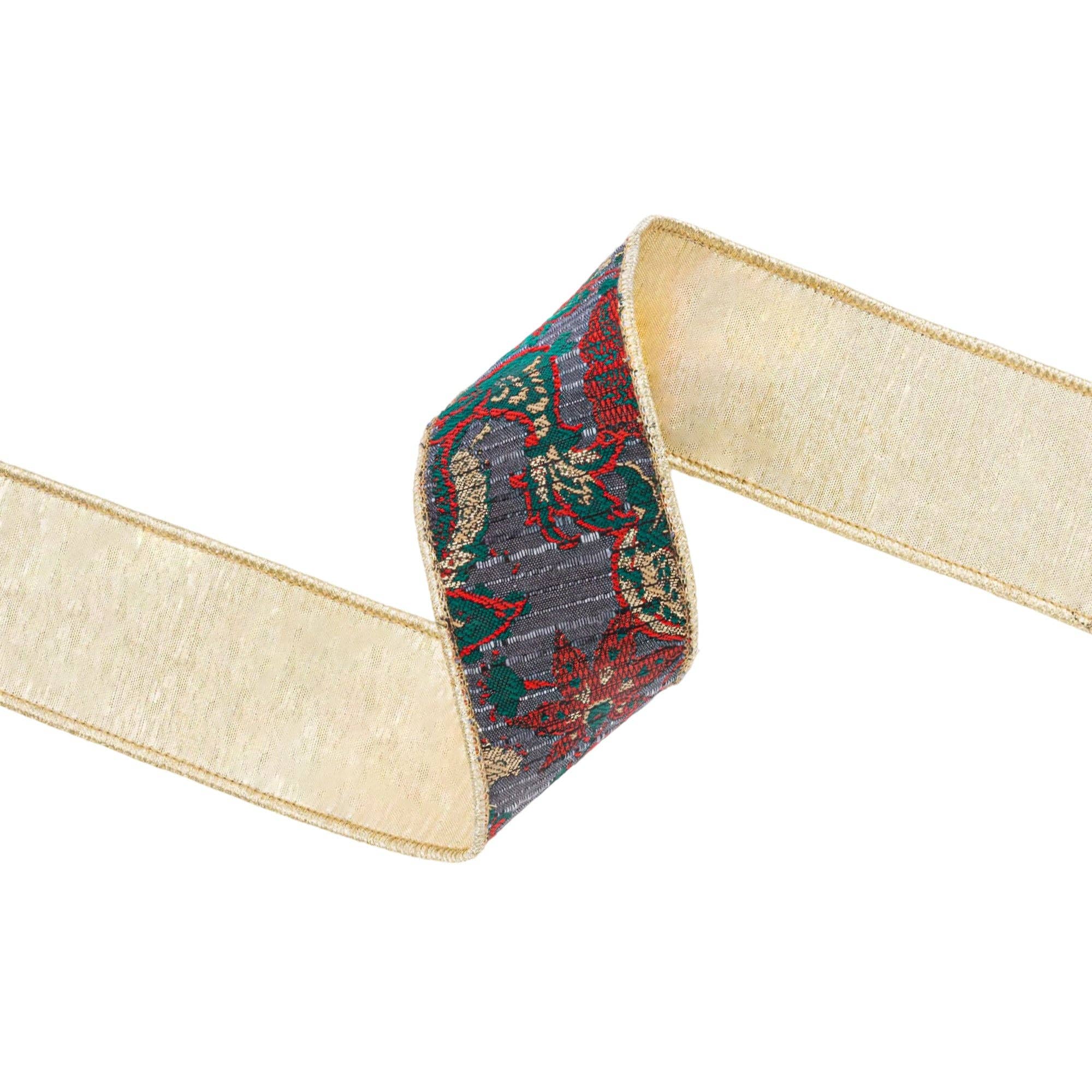 LA Ribbons Wholesale – Großhandel Band – Geschenke verpacken – 6,35 cm breites Jacquardband mit Drahtkante | Burgunderrotes Damast-Paisley mit goldener Dupioni-Rückseite | 9,14 Meter Rolle3