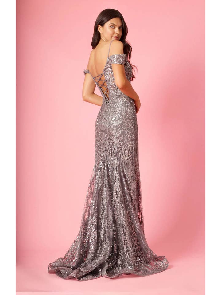 Kos Couture - Wholesale Gown - Women's - Off Shoulder Sequin Corset Formal Dress Gold