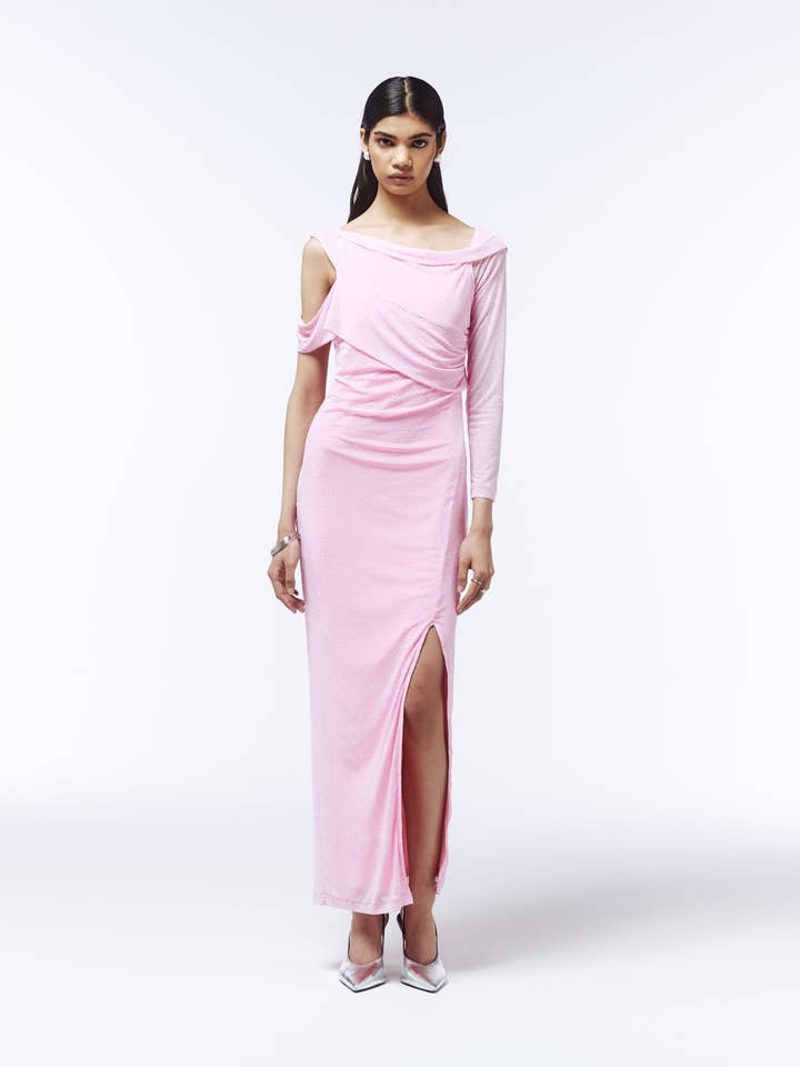 Asymmetrisches Maxikleid mit Strassverzierung in Blassrosa für den Großhandel von SOUR FIGS LONDON