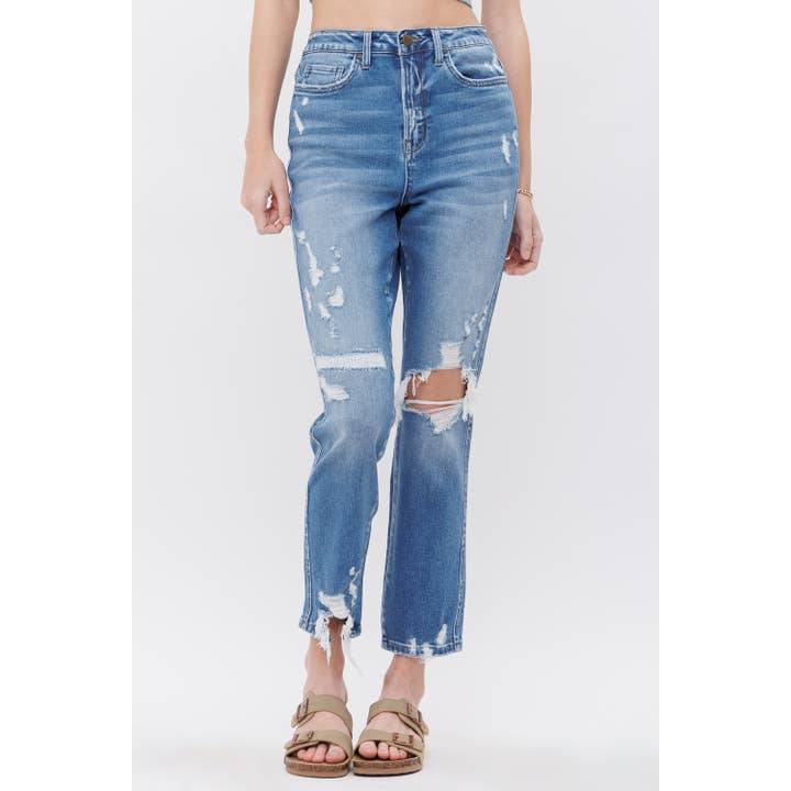 QUADY STRETCH SUPER HIGH RISE MOMJEAN WITH MENDING for wholesale on Faire