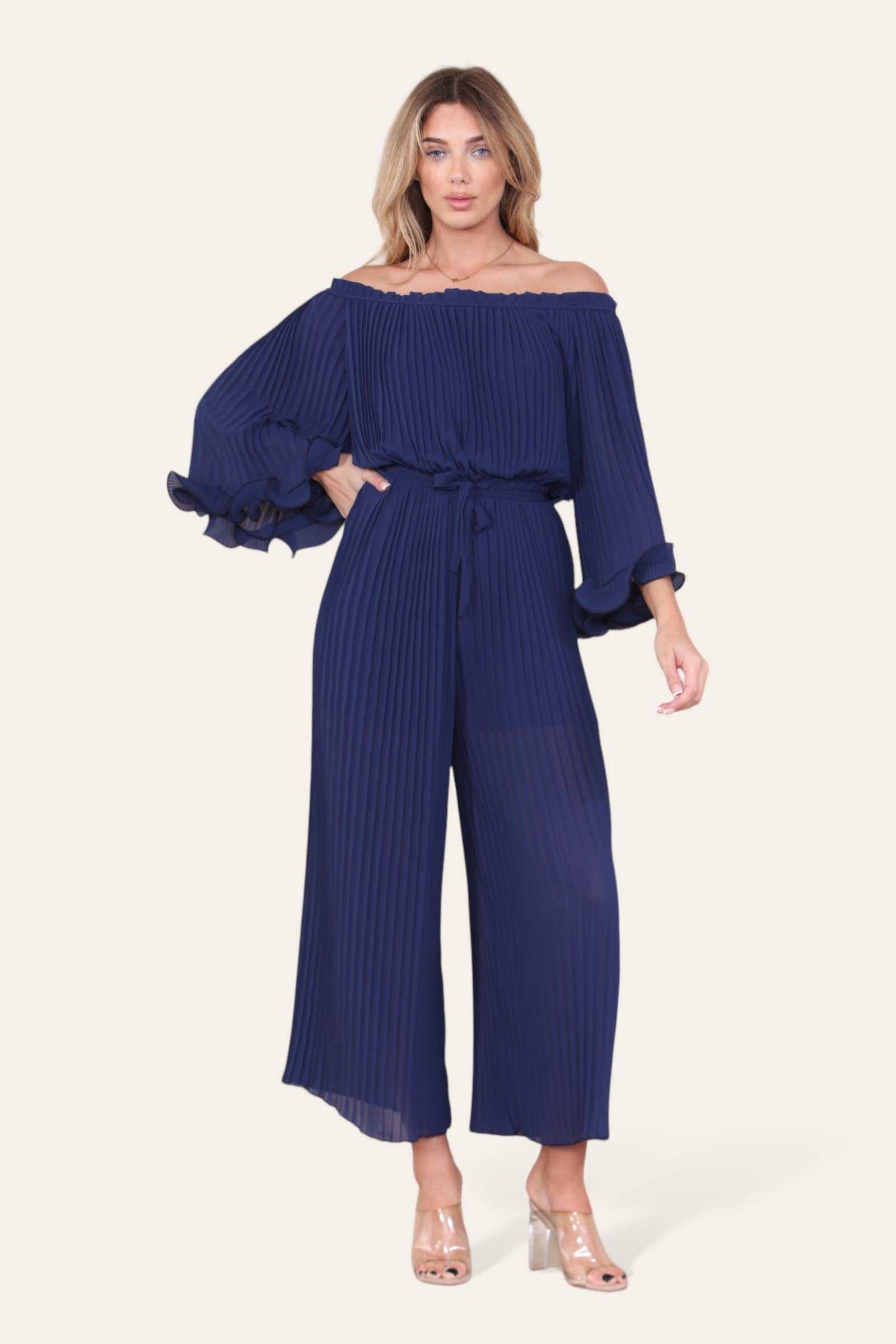 WHITE Sofia Bardot Pleated Frill Jumpsuit for wholesale on Faire5