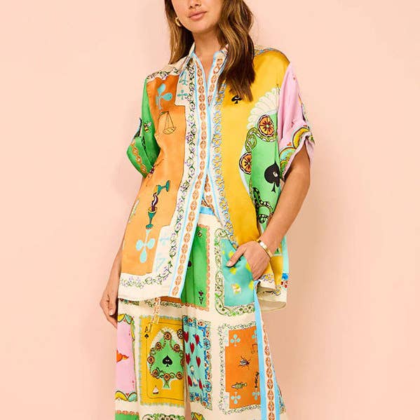 2025 NEW Graffiti Print Satin Set Cool Casual Chic for wholesale by Marayn