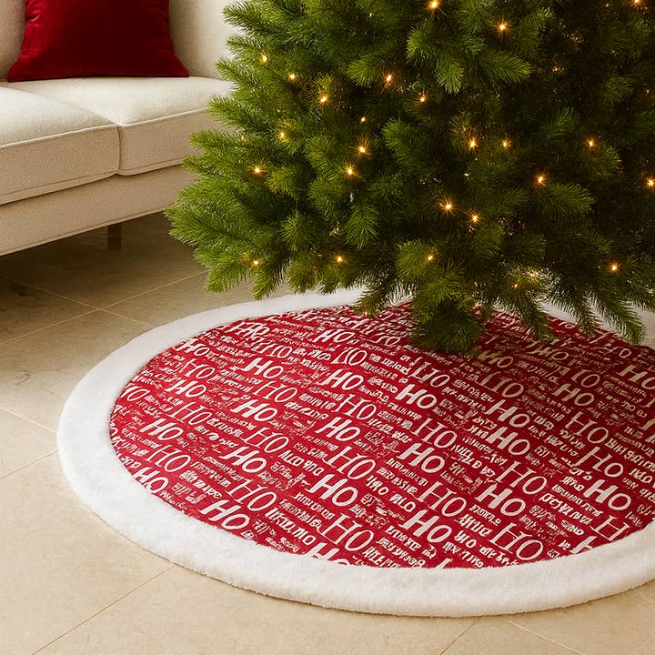 Ho Ho Ho Red White Fur Border Cotton Christmas Tree Skirt for wholesale by Fennco Styles