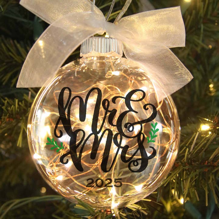 Mr. & Mrs. Wedding Christmas Ornament - Glitter or Lighted for wholesale by Firefly Wishes