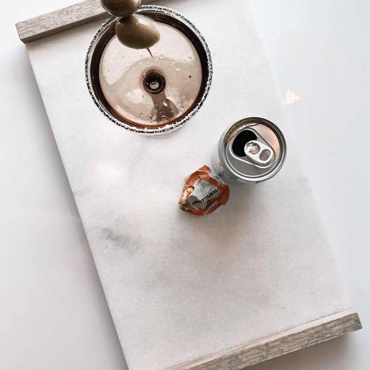Gray White Natural Marble Tray With Wood Handle, Kitchen Tray for wholesale on Faire