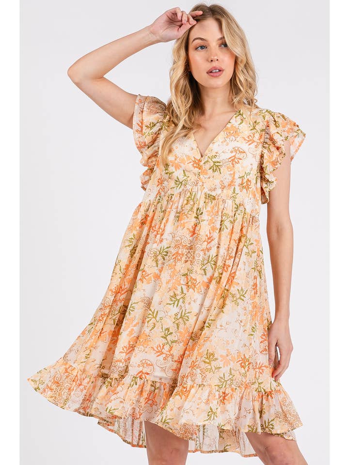 FLORAL CHIFFON RUFFLE SHORT SLEEVE MINI DRESS for wholesale by mittoshop