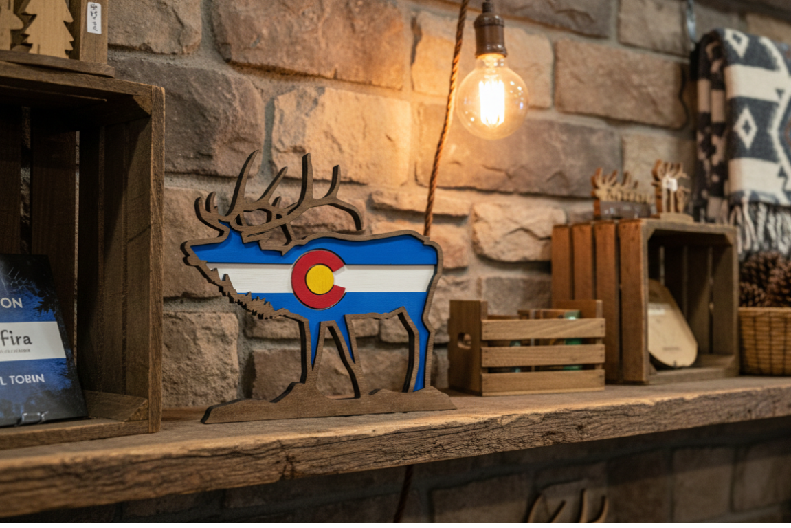 Bunkhouse Studio LLC - Wholesale Wall Accent - Colorado Elk Layered Wood Shelf Decor2