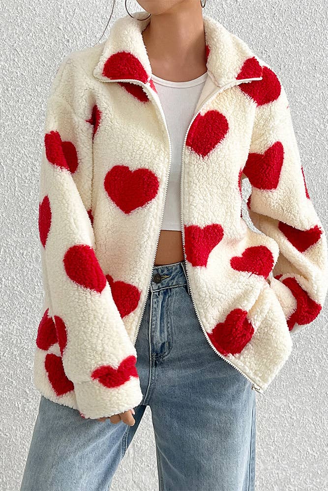 UNISHE - Wholesale Coat - Women's - Heart Pattern Fleece Zipper Long Sleeves Coat SR0950