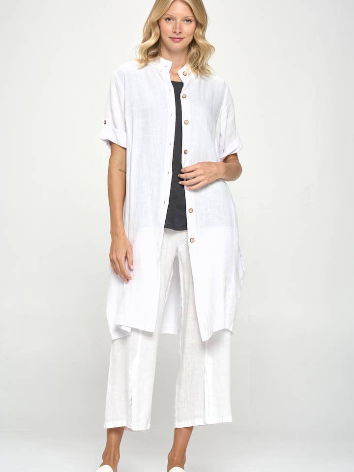 French Linen Long Button Down Shirt Dress / Duster -L607 for wholesale by Focus Fashion