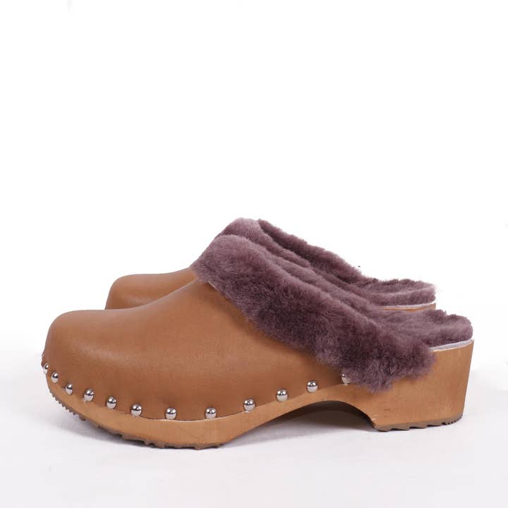 SWED2WALK - Vente Sabots – femme - Sabots suédois d'hiver - SAGA - marron caramel avec doublure en fourrure