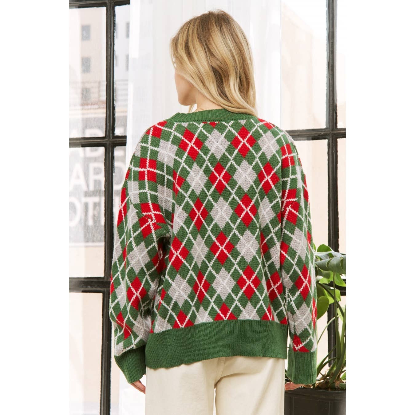 Sweet Generis - Wholesale Knit Sweater - Women's - HOLIDAY ARGYLE PATTERN DROP SHOULDER PULLOVER SWEATER24