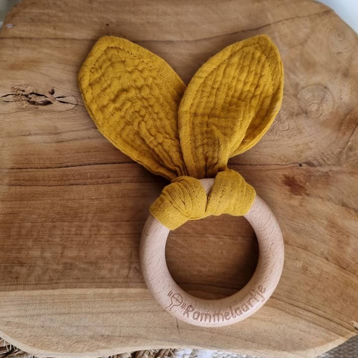 Wooden teether with soft rabbit ears 15 cm - Ochre yellow for wholesale by Rammelaartje
