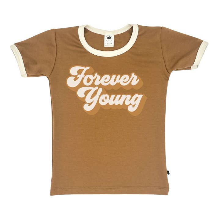 Bebis/Barn/Ungdom Bambu/Bomull 'Forever Young' Ringer Slim-Fit T-shirt | Caramel för wholesale av Little & Lively