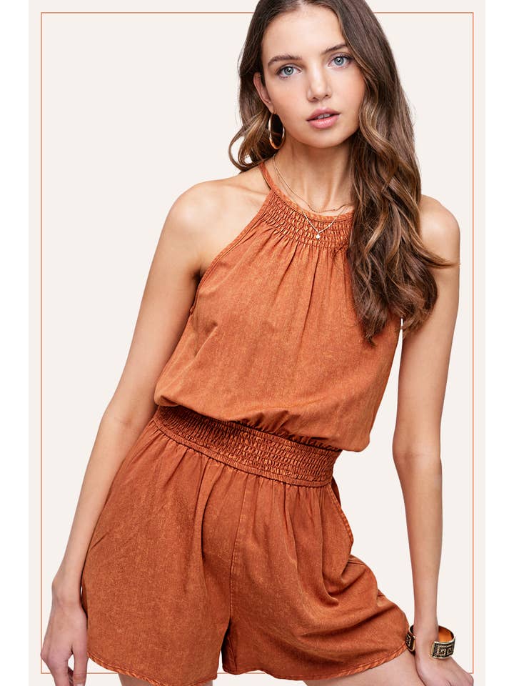 La Miel - Wholesale Romper - Women's - HCD9313-Mineral Washed Sleeveless Mini Romper with Pocket9