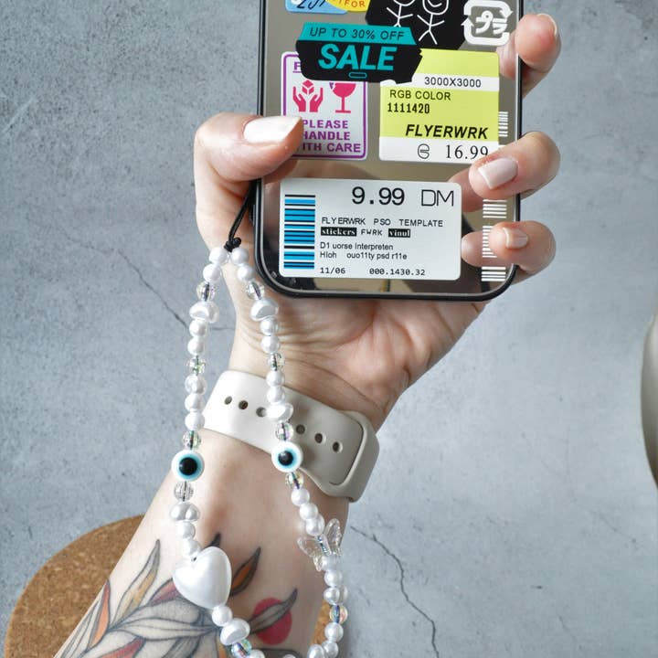 TheMellys - Wholesale Phonecase Strap - Pearl Heart Evil Eye Phone Charm | Beaded Phone Strap