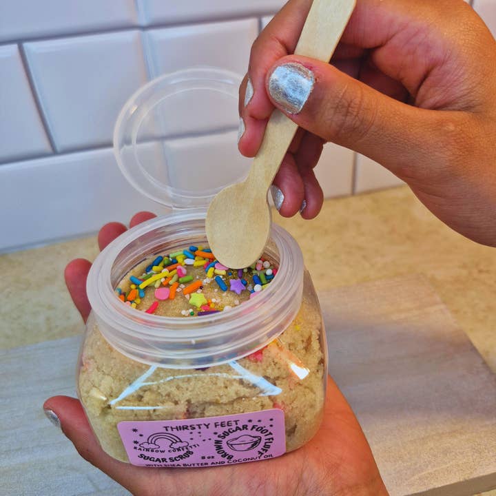 THIRSTY FEET™️ – wholesale Foot scrub/polish – Rainbow Confetti Brown Sugar Foot Fluff Sugar Scrub 8 oz Jar6