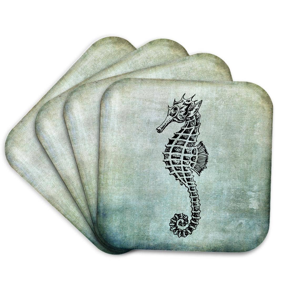 3dRose – Großhandel Untersetzer – 3dRose, Vintage Seepferdchen Zeichnung auf blauem Hintergrund, Untersetzer7