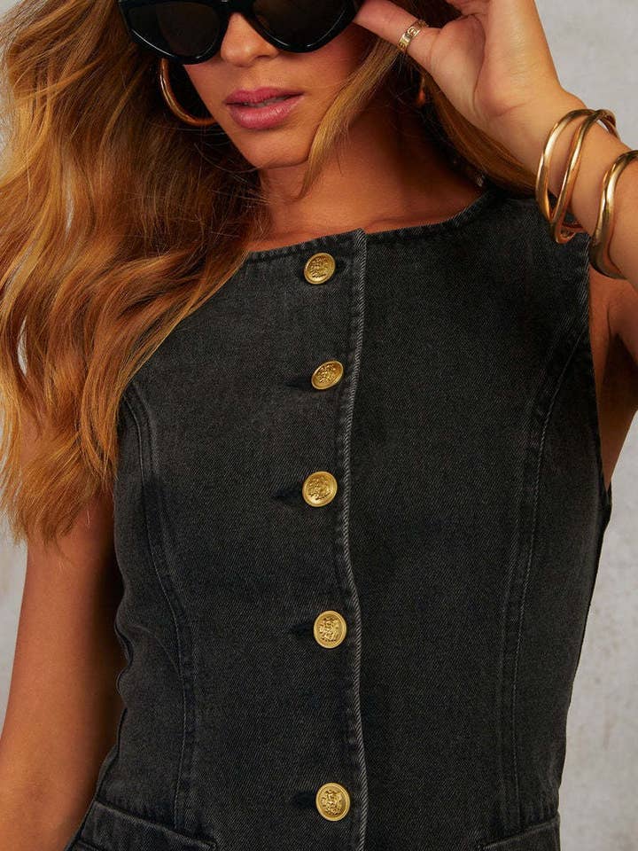 NINEXIS - Wholesale Outerwear Vest - Women's - CWJT0073_SOLID LOOSE FIT SLEEVELESS DENIM VEST