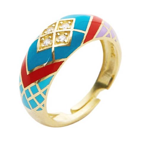 Bague dôme en argent sterling avec diamant cinq couleurs émail bleu pour la vente par Spero London