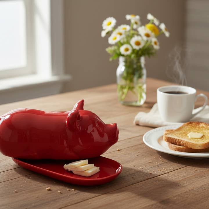 Rote Schwein Butterdose – Bauernhaus Keramik Küchendekor für den Großhandel von Drew Derose Design