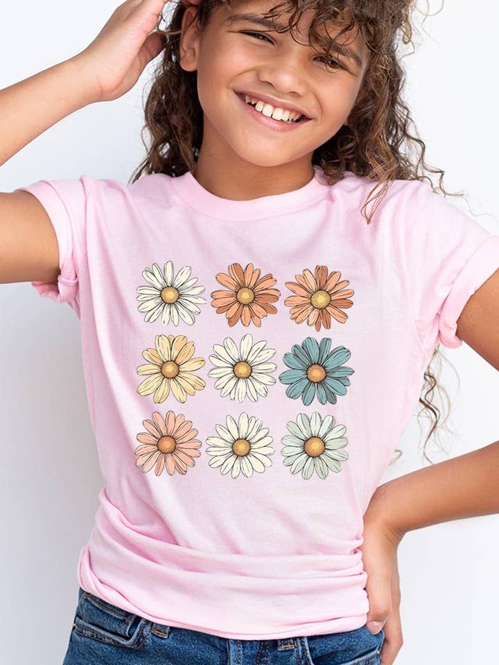 Maglietta Grafica per Bambini con Fiore Margherita Retrò per la vendita all'ingrosso da parte di COLORBEAR