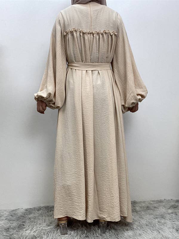 StyleGalX - Wholesale Jurk - Dames - Elasticiteit met lange mouwen en bisschopmouwen, geplooide, effen kleur, gespleten taille, ronde hals, maxi-jurken25