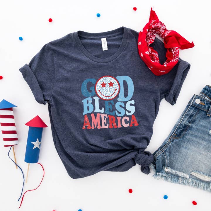 God Bless America Smiley | Short Sleeve Crew Neck for wholesale by Uplifting Threads Co Wholesale