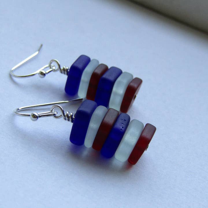 Bad Apple Designs - Wholesale Dangle earrings - Handmade Stacked Red Blue & White Sea Glass Beach Stone Pebble Silver Earrings Dangle Ear Wires - Casual Wear Jewelry from Bad Apple Designs6
