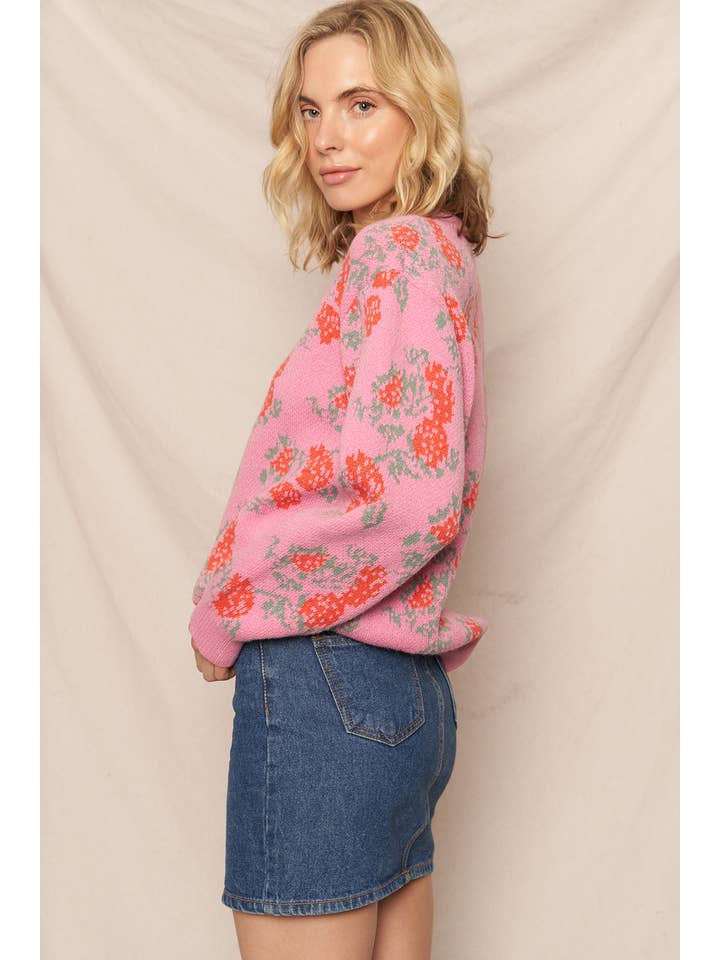 PINK RED Rose Print Knit Sweater for wholesale on Faire
