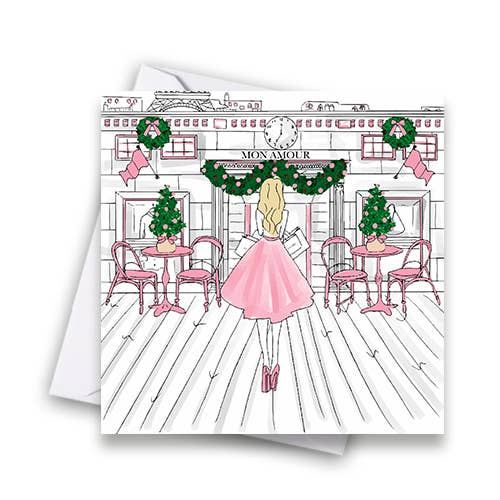 Shopping in Paris Christmas- Mon Amour Christmas Card for wholesale by Catherine Loves