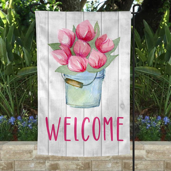 Garden Flag - Pink Tulips in Bucket for wholesale by The Spotted Zebras