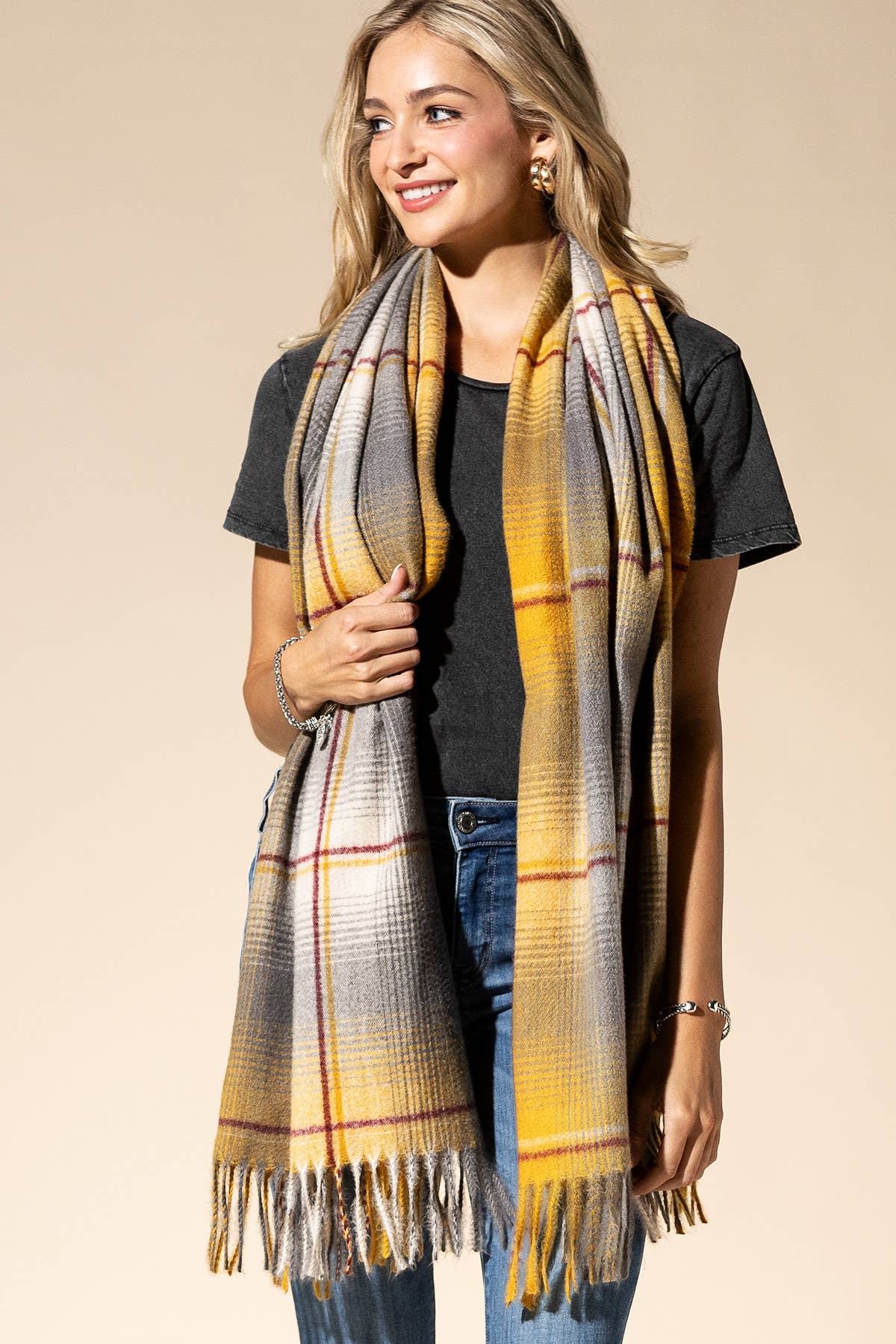 MUSTARD MU  Plaid Fringe Oblong Scarf for wholesale on Faire6