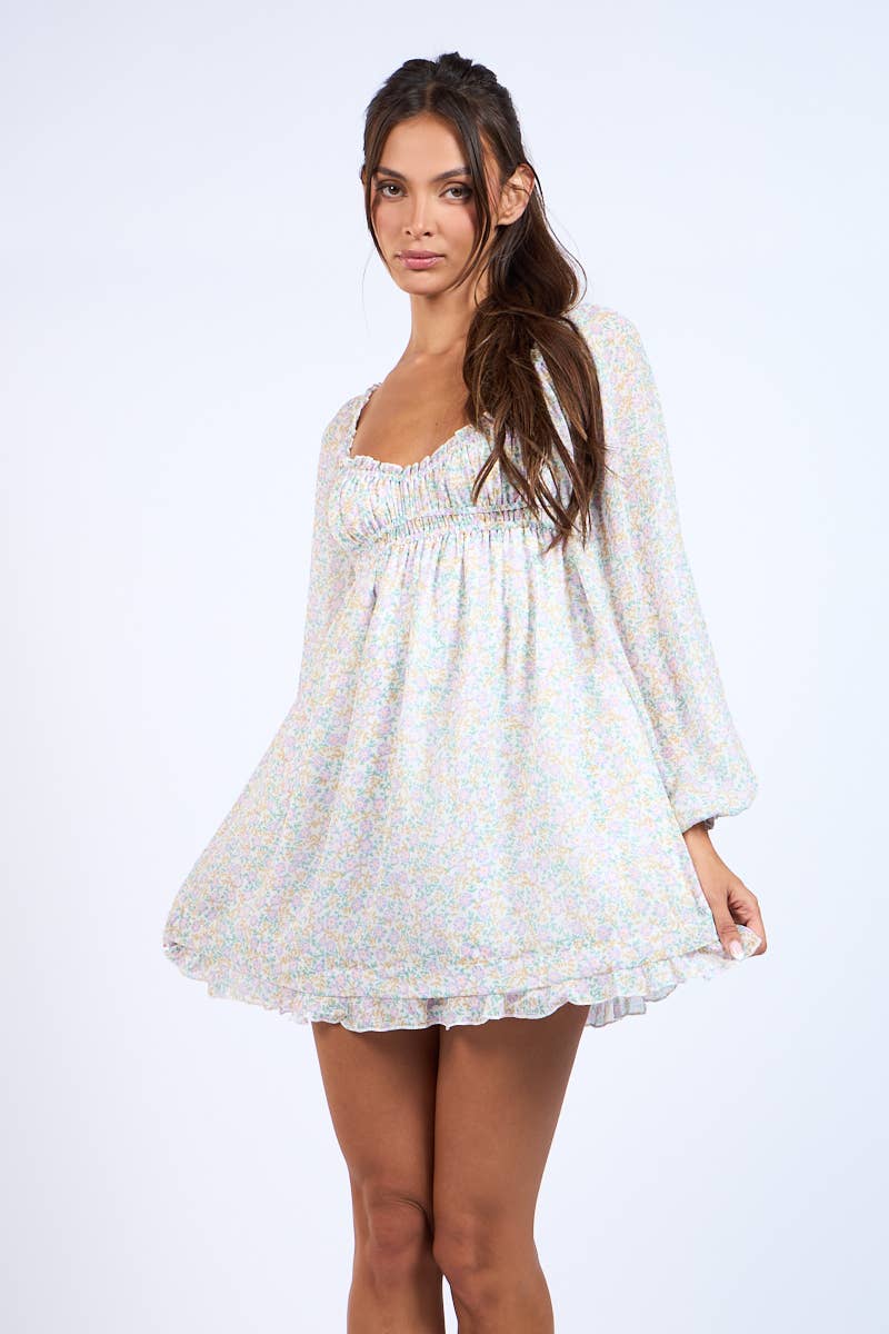 Lovely Bae DITSY FLORAL LONG SLEEVE RUFFLE TRIM MINI DRESS for wholesale on Faire5