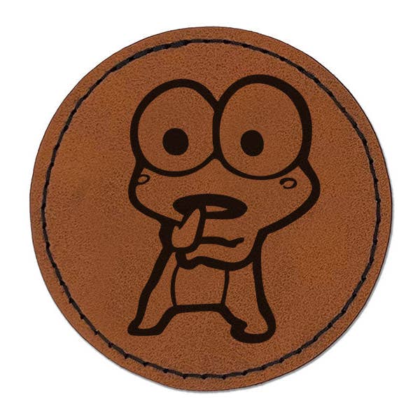 Shocked Surprised Speechless Frog Round Iron-On Engraved Faux Leather Patch Applique - 2.5 Inch for wholesale by Sniggle Sloth