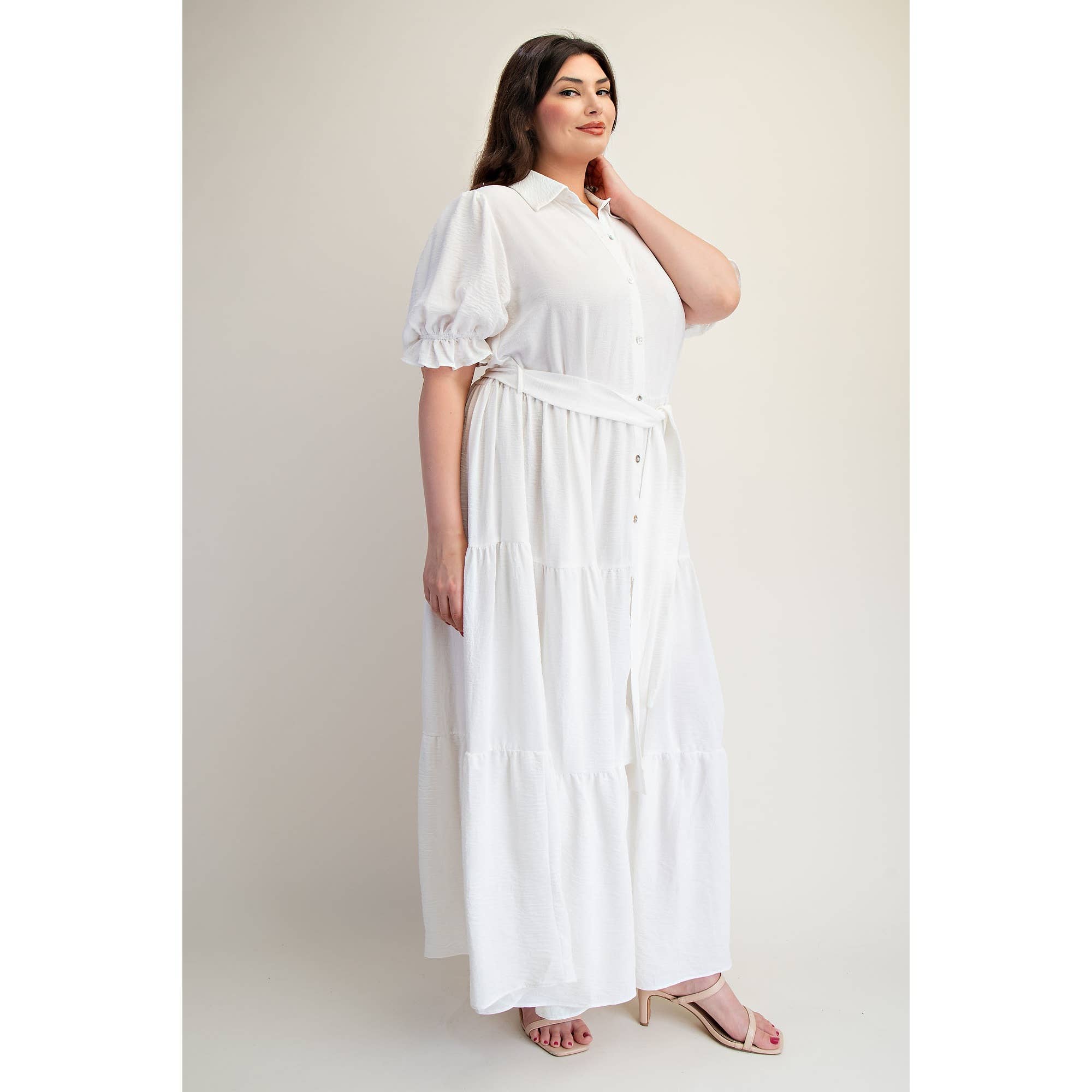 ORANGE CORAL PLUS SIZE BUTTON FRONT MAXI DRESS WITH TIERD HEM for wholesale on Faire15