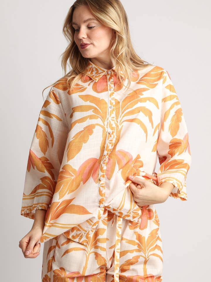 Tropical Printed Linen Style Top & Pants Set QC6457 for wholesale by Beulah Style