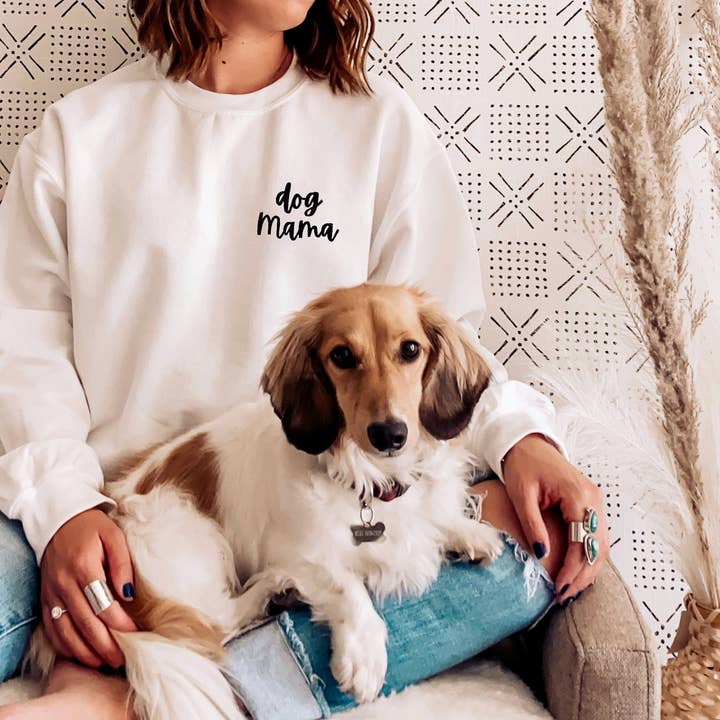 Dog mama sweatshirt, unisex hand printed sweater, cute dog crewneck, dog lover gift, dog mom, calligraphy crewneck, ethical fall fashion for wholesale by M.E. Image