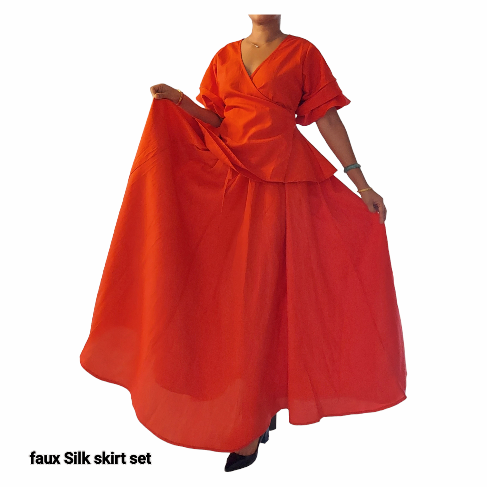 25034 Faux Silk Long Skirt & Wrap Blouse Set - Red for wholesale on Faire4