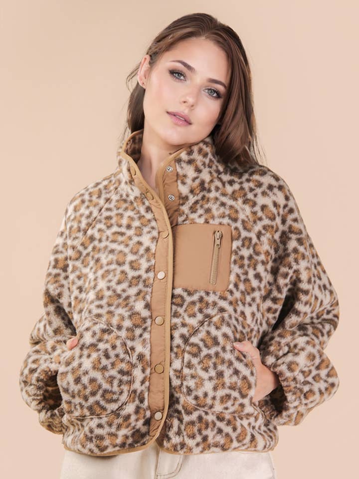 VERY J - Wholesale Jacket - Women's - NJ90423-Leopard & Cherry Printed Fleece Oversized Jacket1