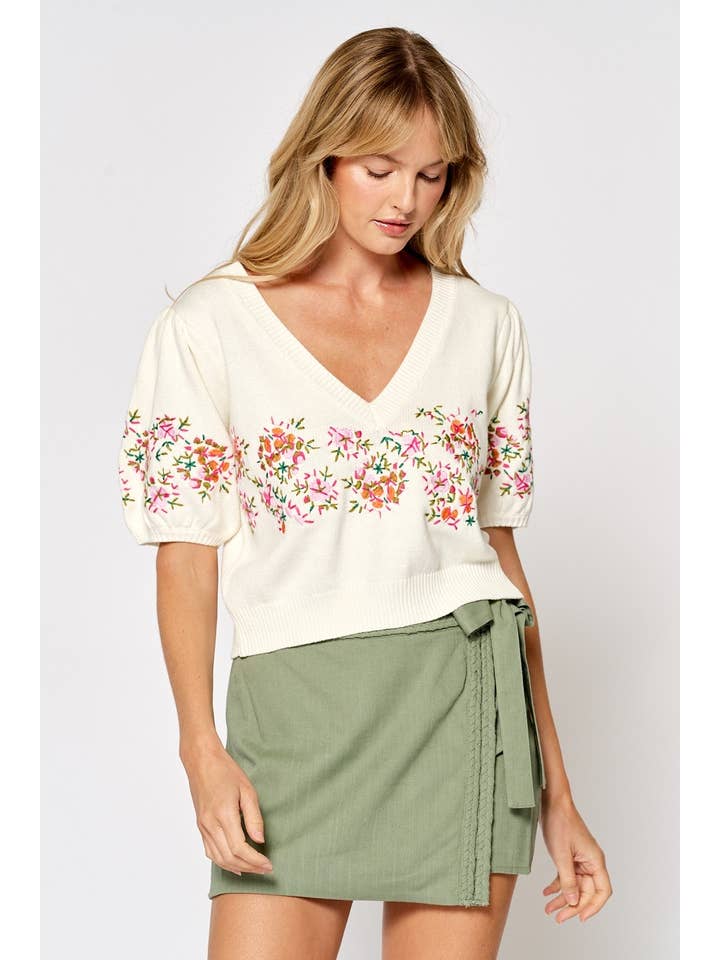 CREAM ILT5011 Floral Embroidered Short Puff Sleeve Sweater Top for wholesale on Faire